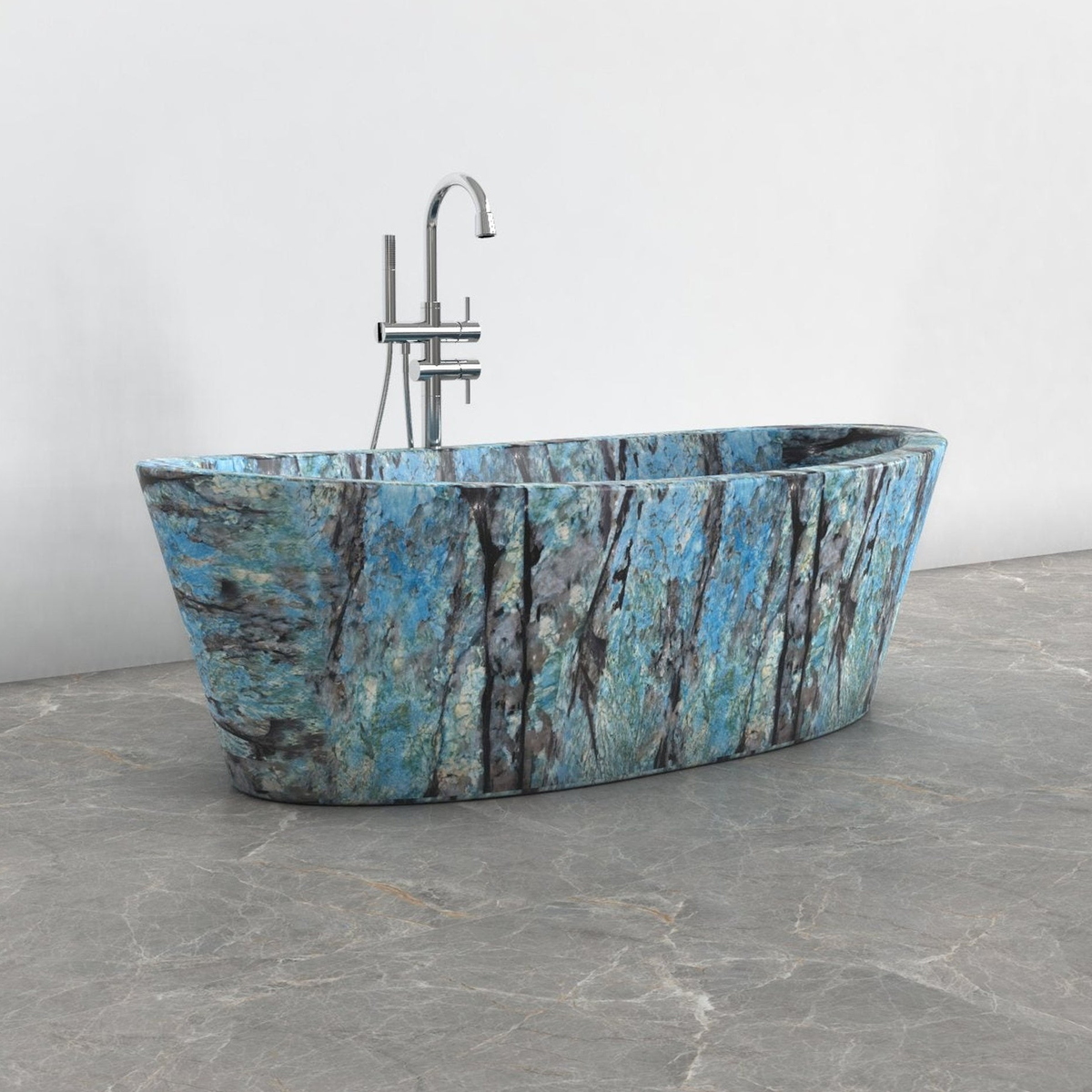 Calia BT-014A Danube Blue Quartzite bathtub studio visualization, reference view 9, reframed from the existing gallery with complete silhouette, rim and material direction preserved
