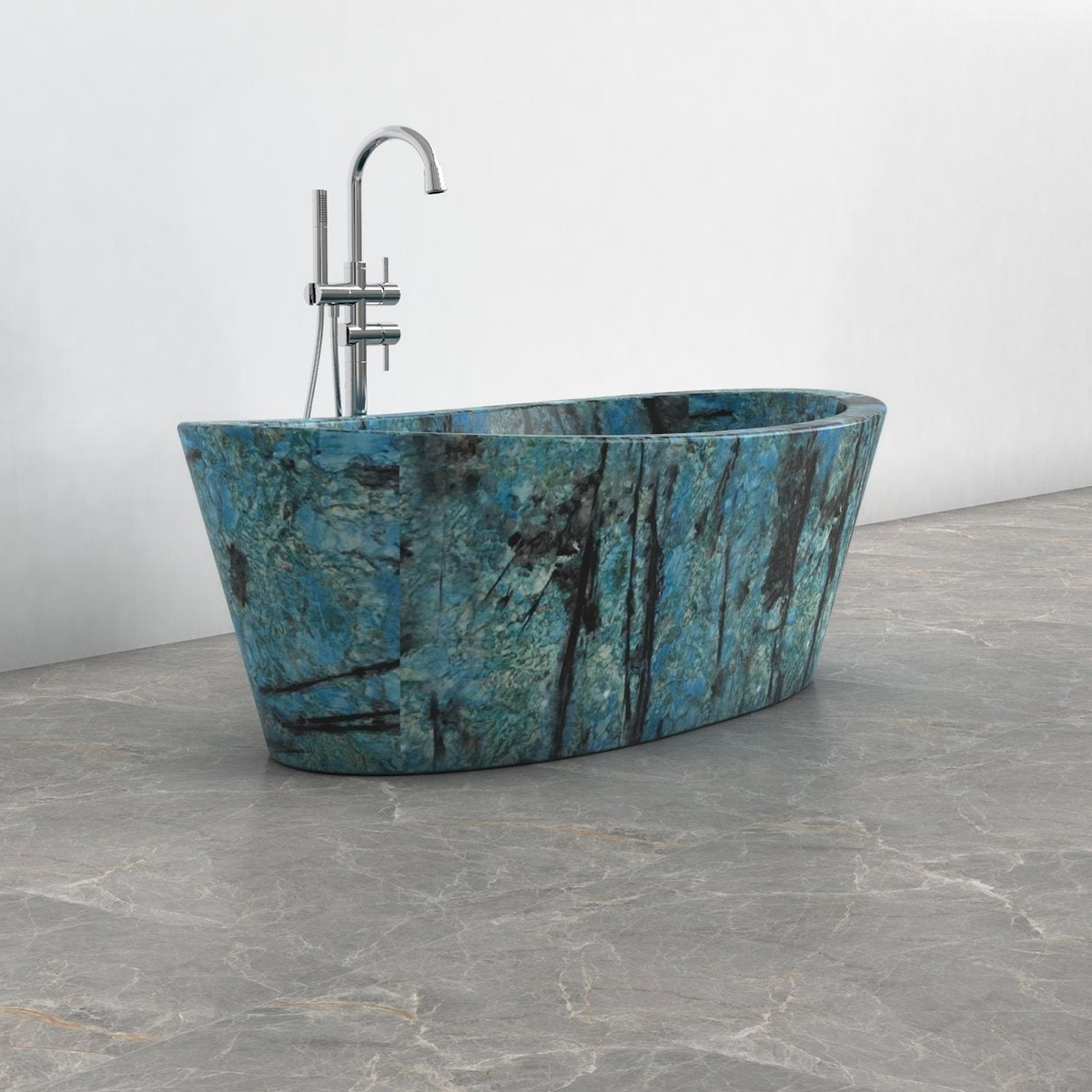 Calia BT-014A Danube Blue Quartzite bathtub studio visualization, reference view 7, reframed from the existing gallery with complete silhouette, rim and material direction preserved