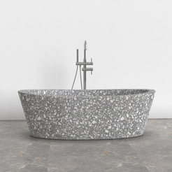 Calia BT-014A Silver Grey Terrazzo bathtub studio visualization, reference view 3, reframed from the existing gallery with complete silhouette, rim and material direction preserved