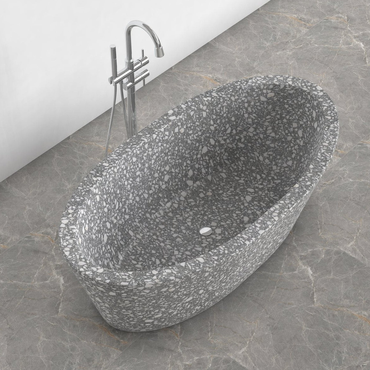 Calia BT-014A Silver Grey Terrazzo bathtub studio visualization, reference view 4, reframed from the existing gallery with complete silhouette, rim and material direction preserved
