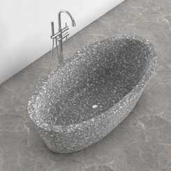 Calia BT-014A Silver Grey Terrazzo bathtub studio visualization, reference view 4, reframed from the existing gallery with complete silhouette, rim and material direction preserved