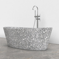 Calia BT-014A Silver Grey Terrazzo bathtub studio visualization, reference view 5, reframed from the existing gallery with complete silhouette, rim and material direction preserved