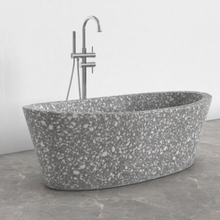 Calia BT-014A Silver Grey Terrazzo bathtub studio visualization, reference view 6, reframed from the existing gallery with complete silhouette, rim and material direction preserved