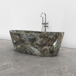 Calia BT-014A Celestia Blue Quartzite bathtub studio visualization, reference view 3, reframed from the existing gallery with complete silhouette, rim and material direction preserved