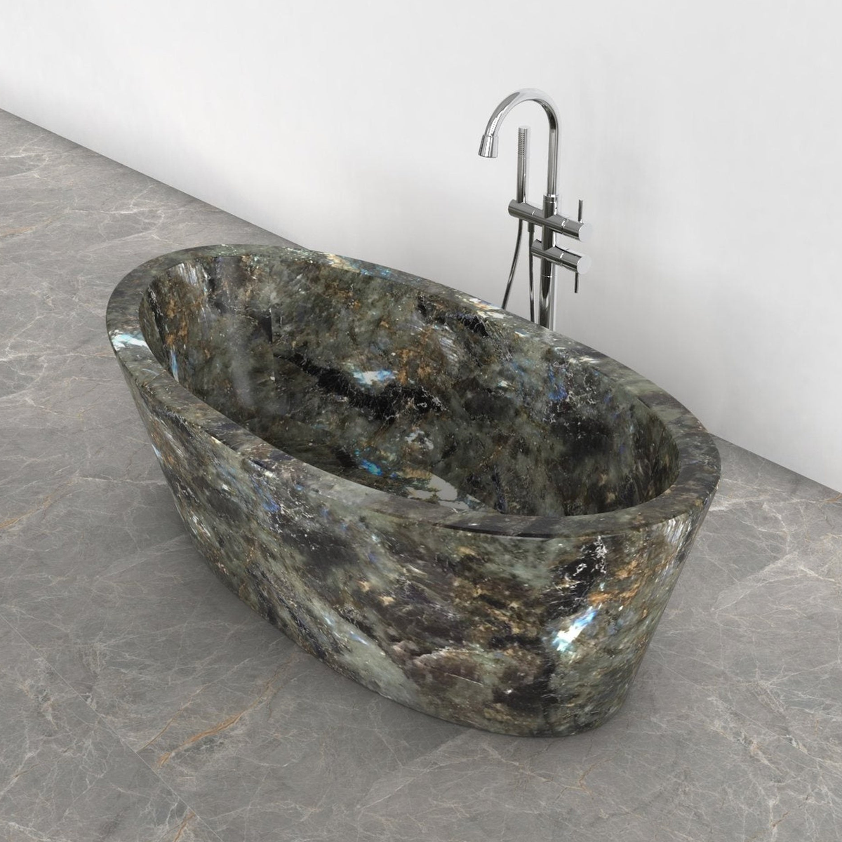 Calia BT-014A Celestia Blue Quartzite bathtub studio visualization, reference view 4, reframed from the existing gallery with complete silhouette, rim and material direction preserved