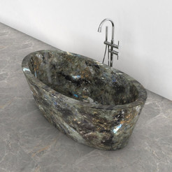 Calia BT-014A Celestia Blue Quartzite bathtub studio visualization, reference view 4, reframed from the existing gallery with complete silhouette, rim and material direction preserved