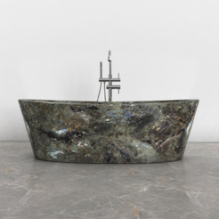 Calia BT-014A Celestia Blue Quartzite bathtub studio visualization, reference view 6, reframed from the existing gallery with complete silhouette, rim and material direction preserved