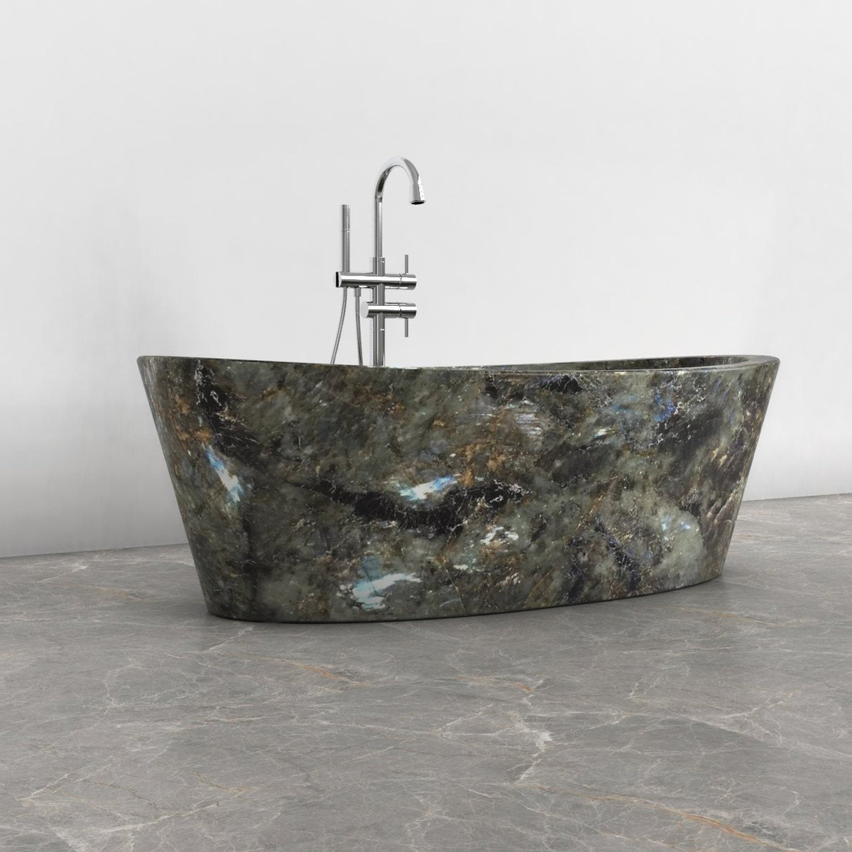 Calia BT-014A Celestia Blue Quartzite bathtub studio visualization, reference view 7, reframed from the existing gallery with complete silhouette, rim and material direction preserved