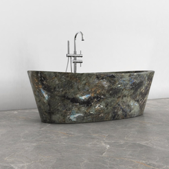 Calia BT-014A Celestia Blue Quartzite bathtub studio visualization, reference view 7, reframed from the existing gallery with complete silhouette, rim and material direction preserved