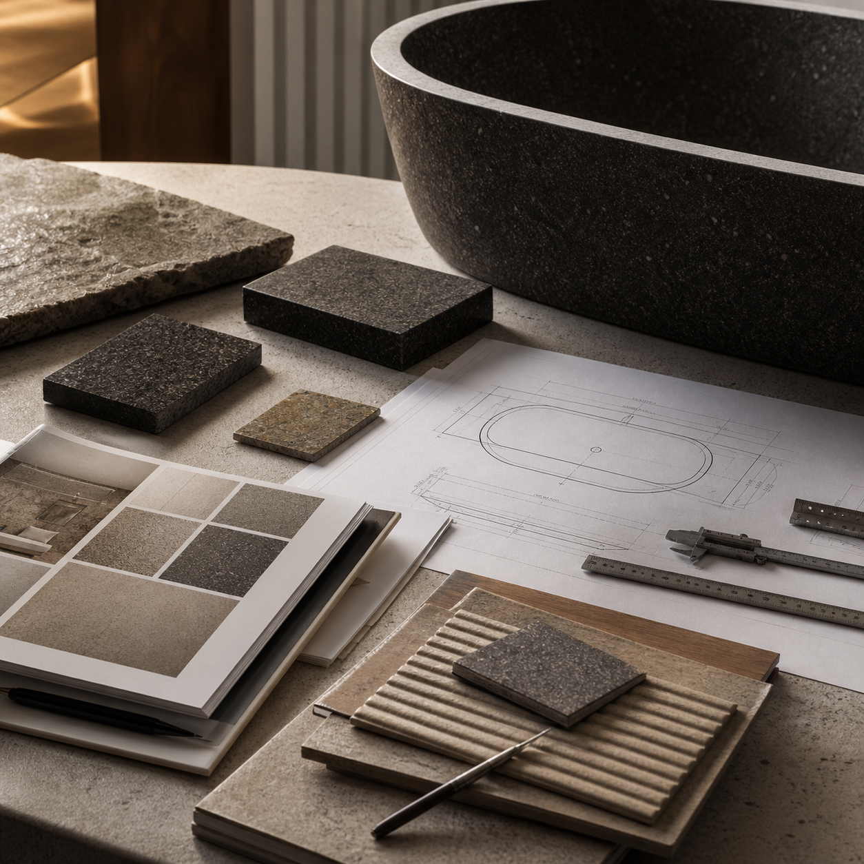 Granite stone samples and architectural materials for bath projects and trade orders