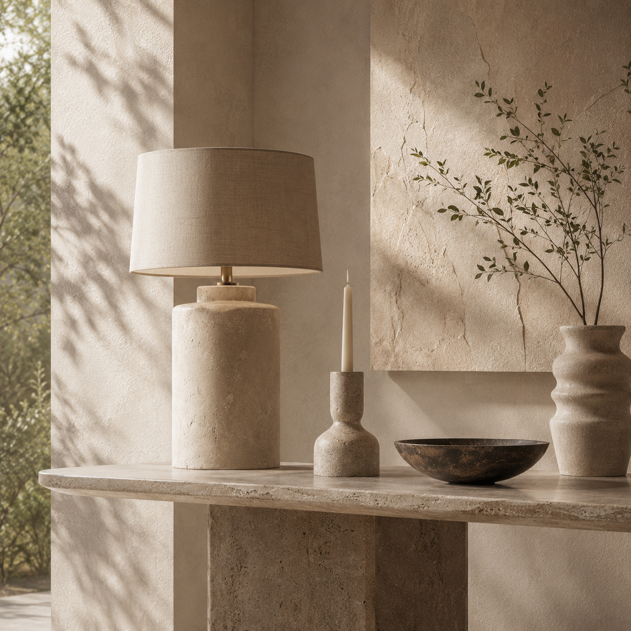 Natural stone lamp and decorative accents styled in a warm OIXDESIGN interior.