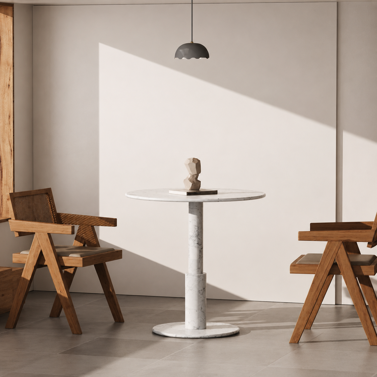RoundTwin Elite Carrara white marble dining table side view showing sculptural pedestal base