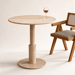 RoundTwin Elite travertine dining table with chair for apartments, cafés, and compact dining rooms