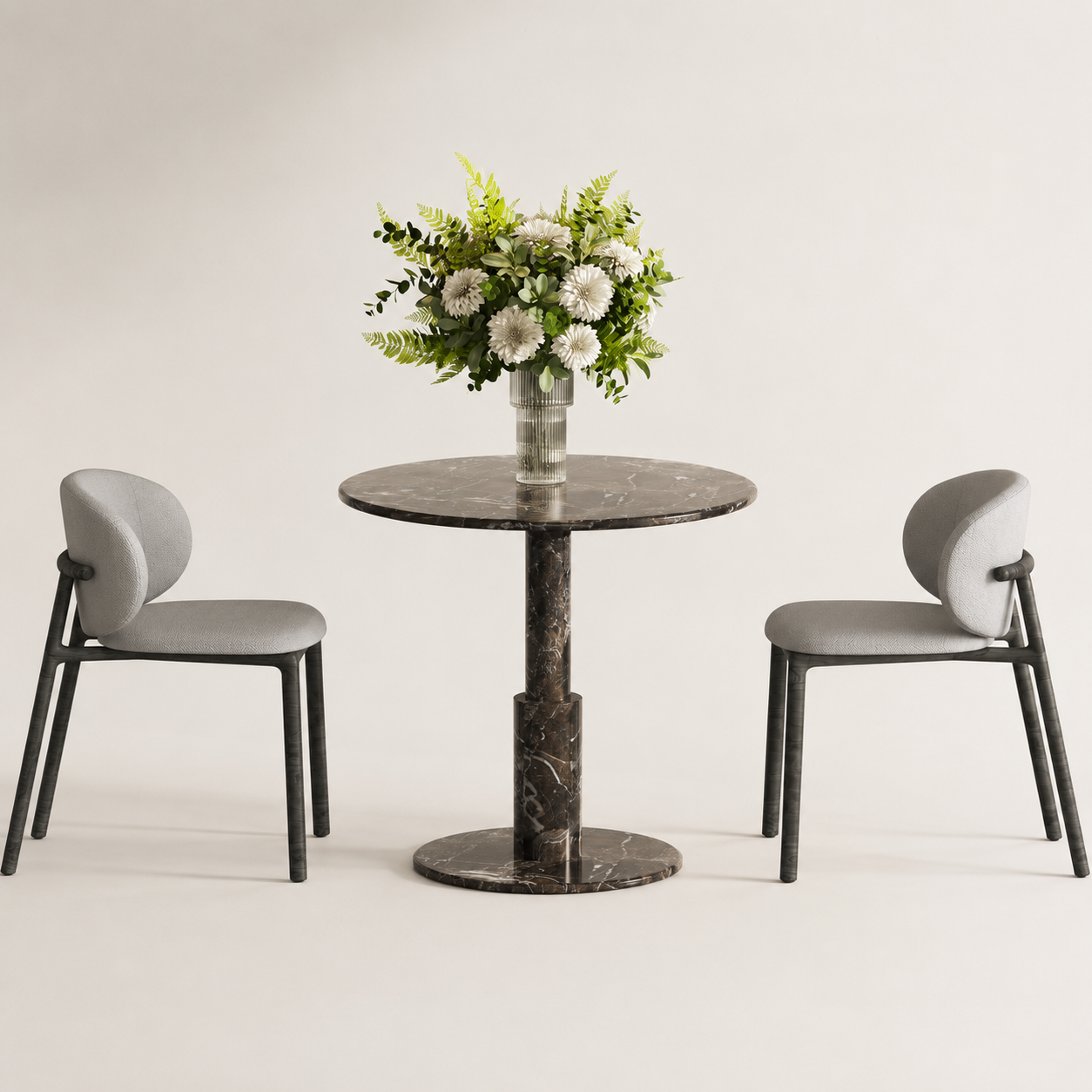 RoundTwin Elite black marble dining table front view with compact round stone tabletop