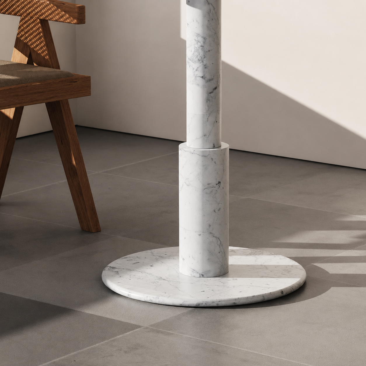 RoundTwin Elite Carrara white marble dining table base and column detail in natural white stone