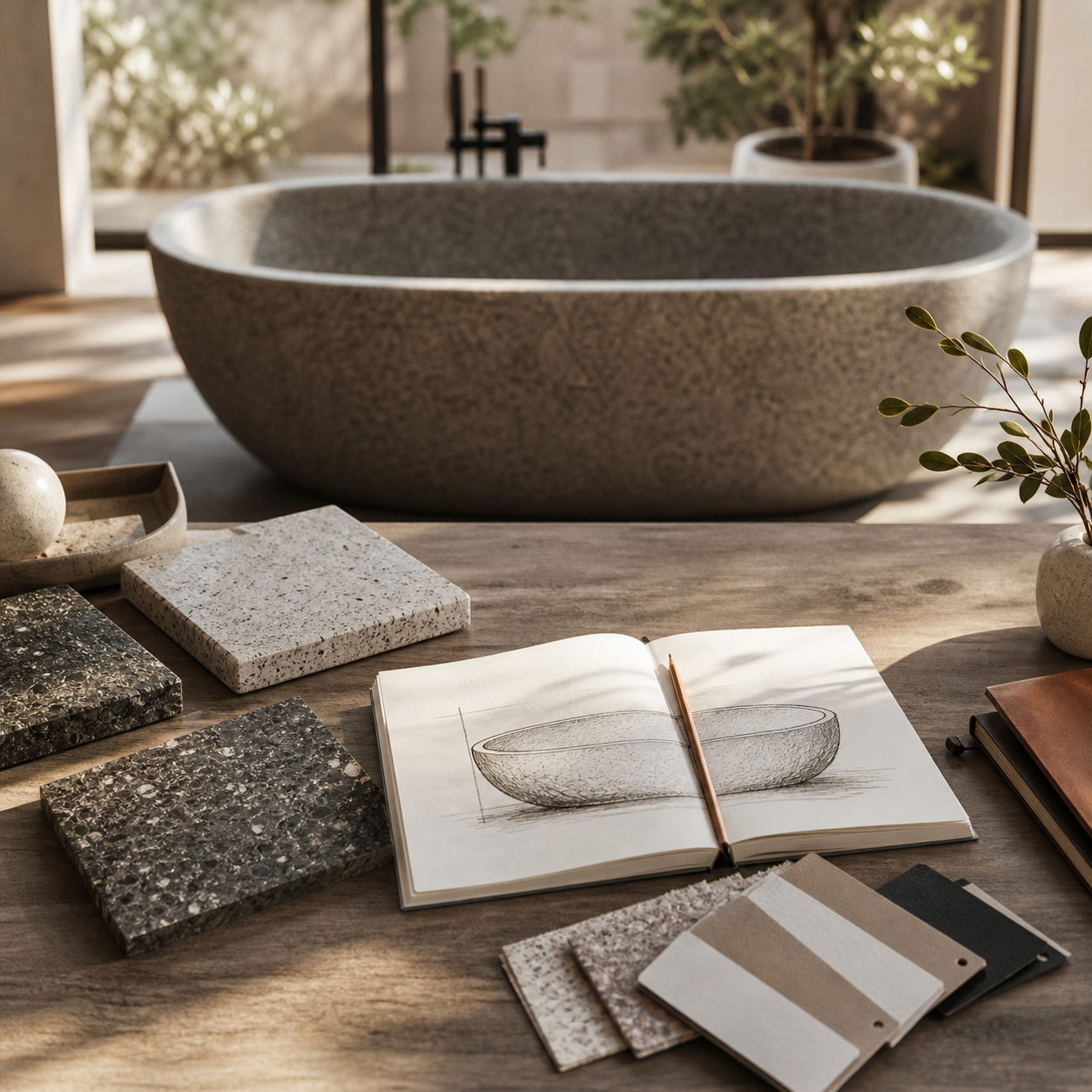 Granite bathtub design sketches and material samples for a custom quote request