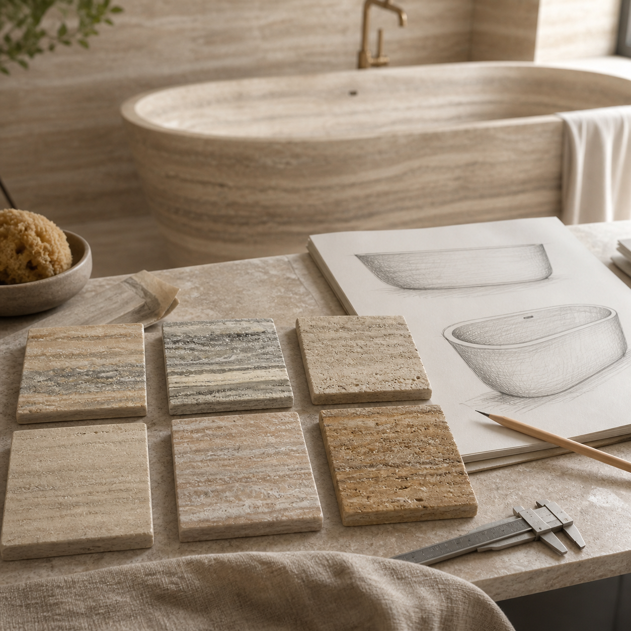 Travertine bath design sketches and material samples for a quote request