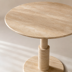 RoundTwin Elite travertine dining table tabletop close-up with warm beige natural stone texture