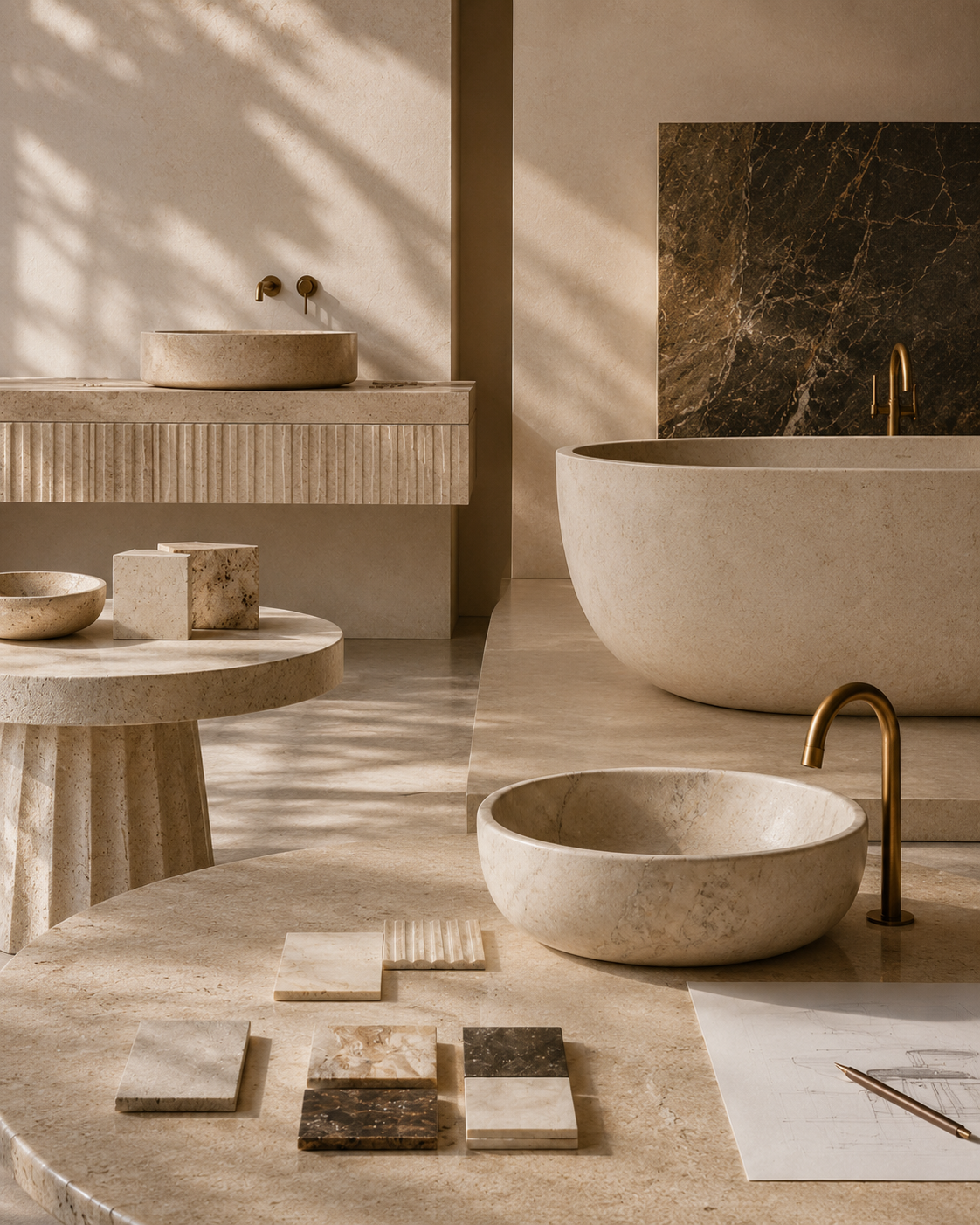 Natural stone project planning scene with material samples, drawings, and design details.