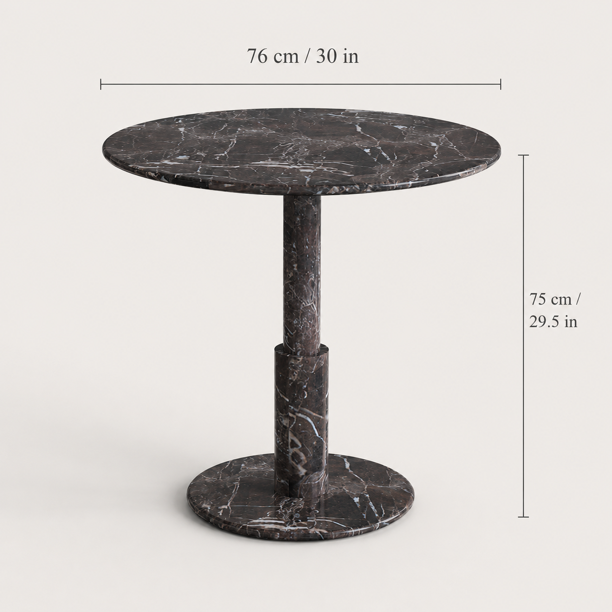 RoundTwin Elite black marble dining table dimension and size guide showing compact round tabletop and pedestal height