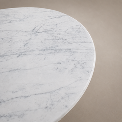 Italian Carrara white marble tabletop close-up with soft gray veining