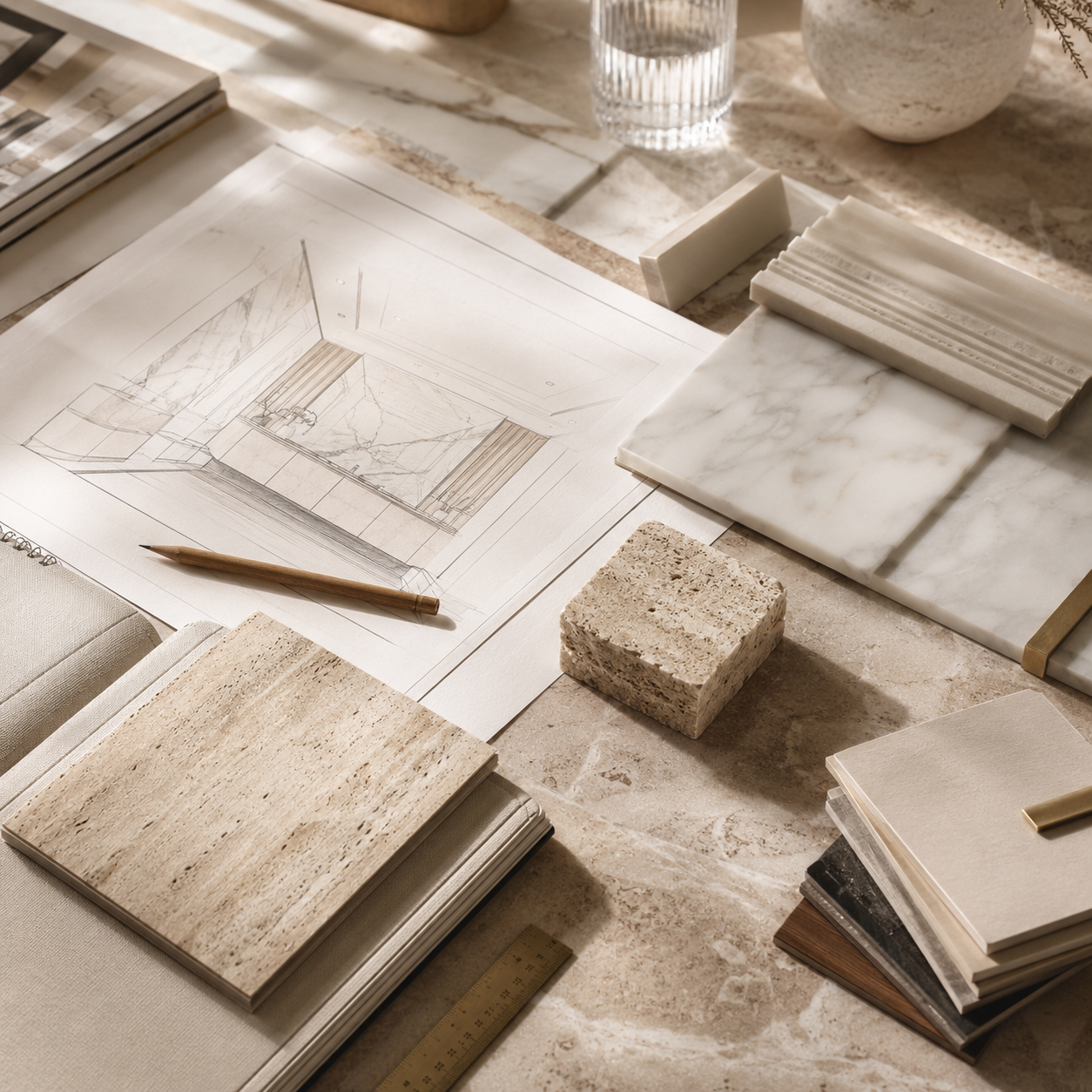 Curated marble, travertine, and natural stone samples for OIXDESIGN materials and finishes.