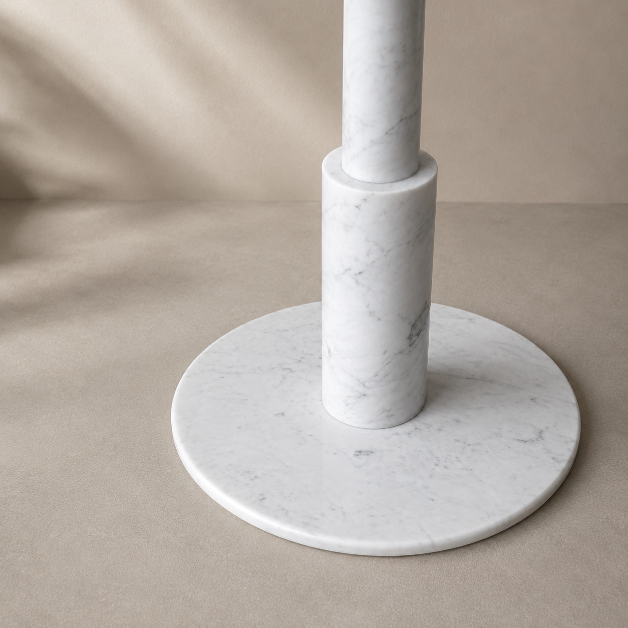 RoundTwin Elite Carrara marble dining table base and column detail in natural white stone