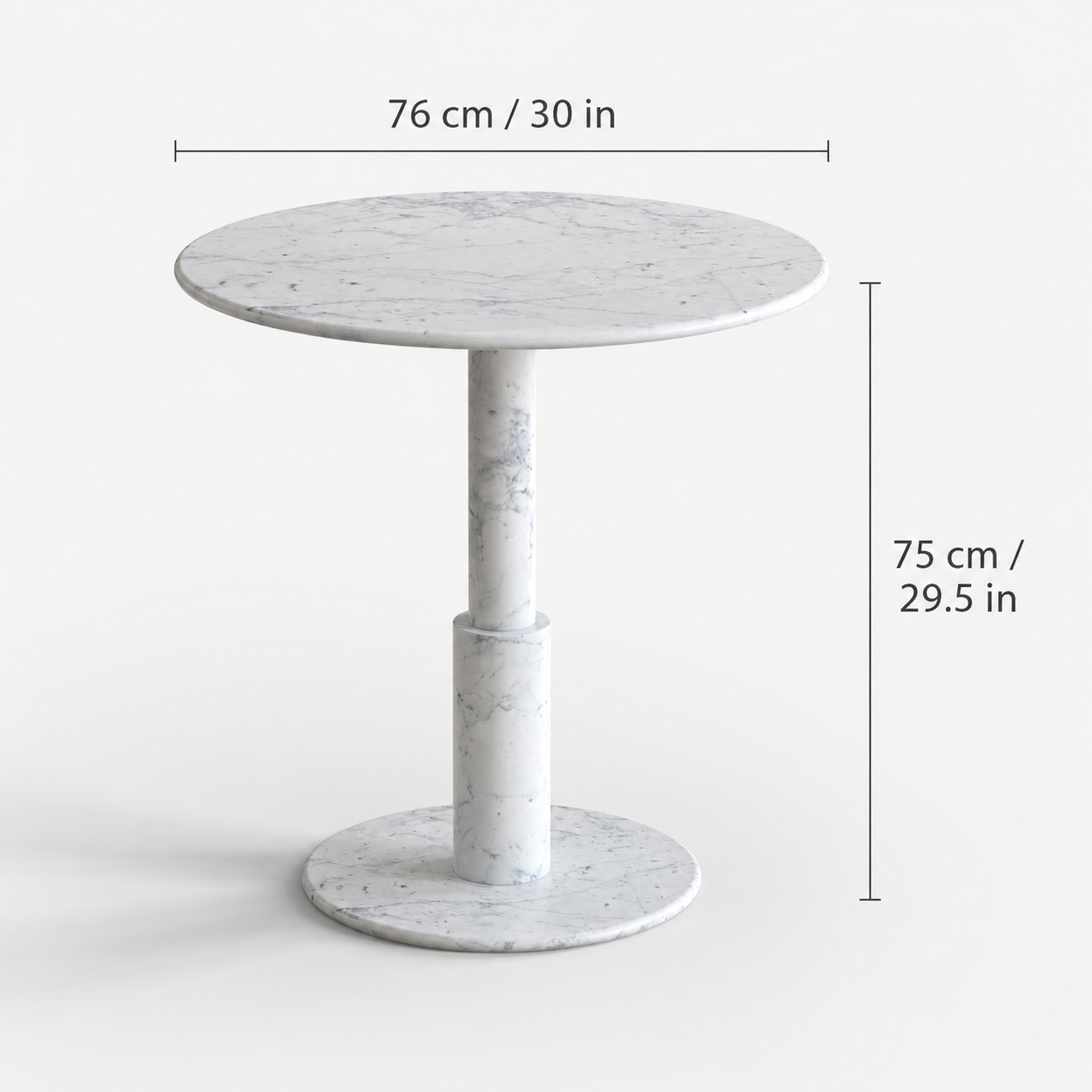 RoundTwin Elite Carrara marble dining table size guide showing 30 inch round tabletop and pedestal height