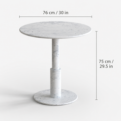 RoundTwin Elite Carrara marble dining table size guide showing 30 inch round tabletop and pedestal height