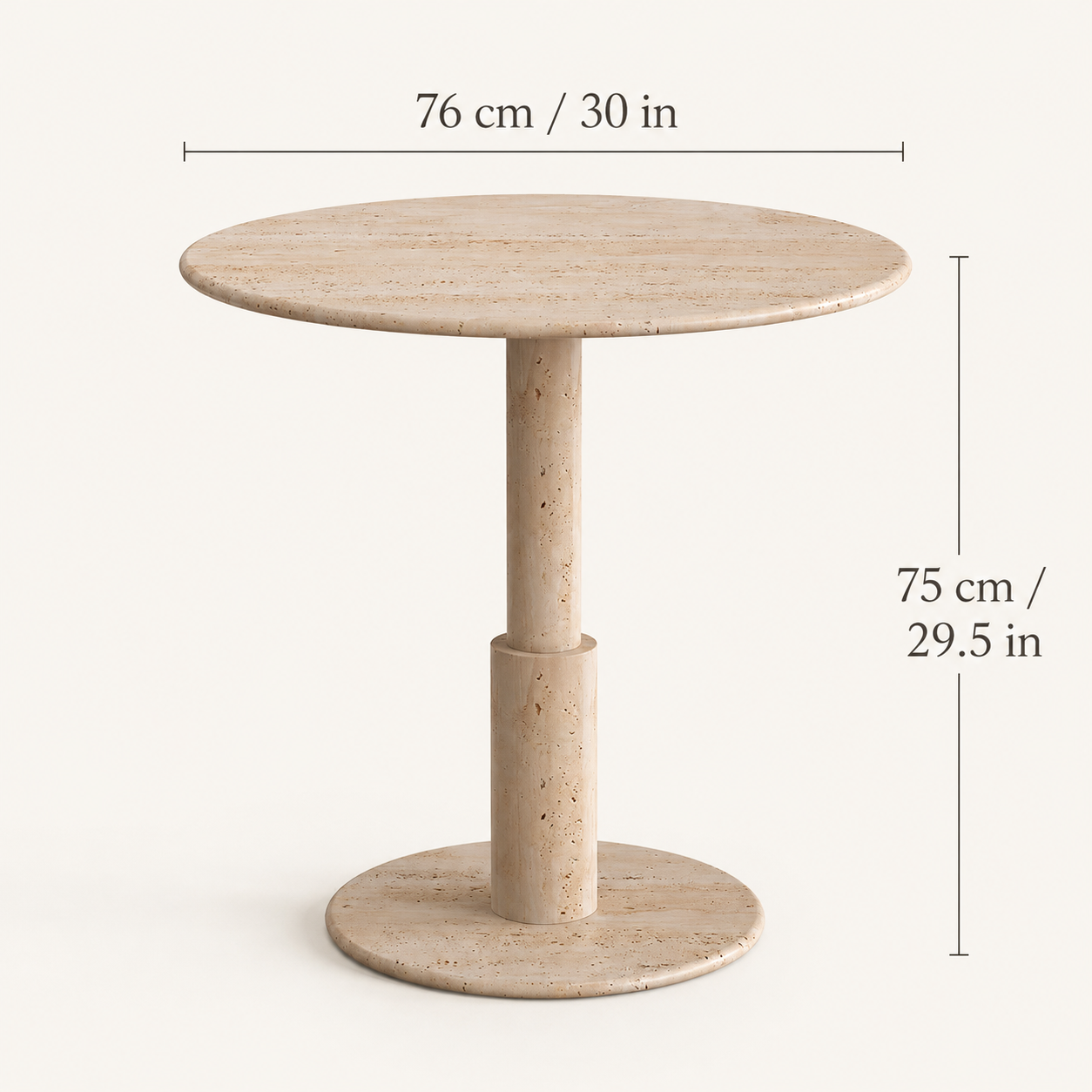 RoundTwin Elite travertine dining table size guide showing compact round tabletop and pedestal height
