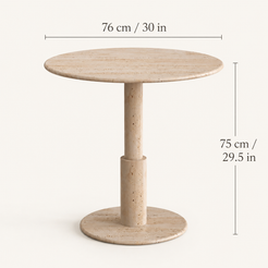 RoundTwin Elite travertine dining table size guide showing compact round tabletop and pedestal height
