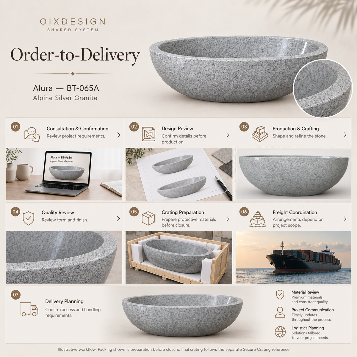 Alura BT-065A Alpine Silver Granite — Order-to-Delivery illustrative workflow — OIXDESIGN