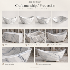 Arcelia BT-136A Carrara White Marble bathtub — craftsmanship and production; process illustration.