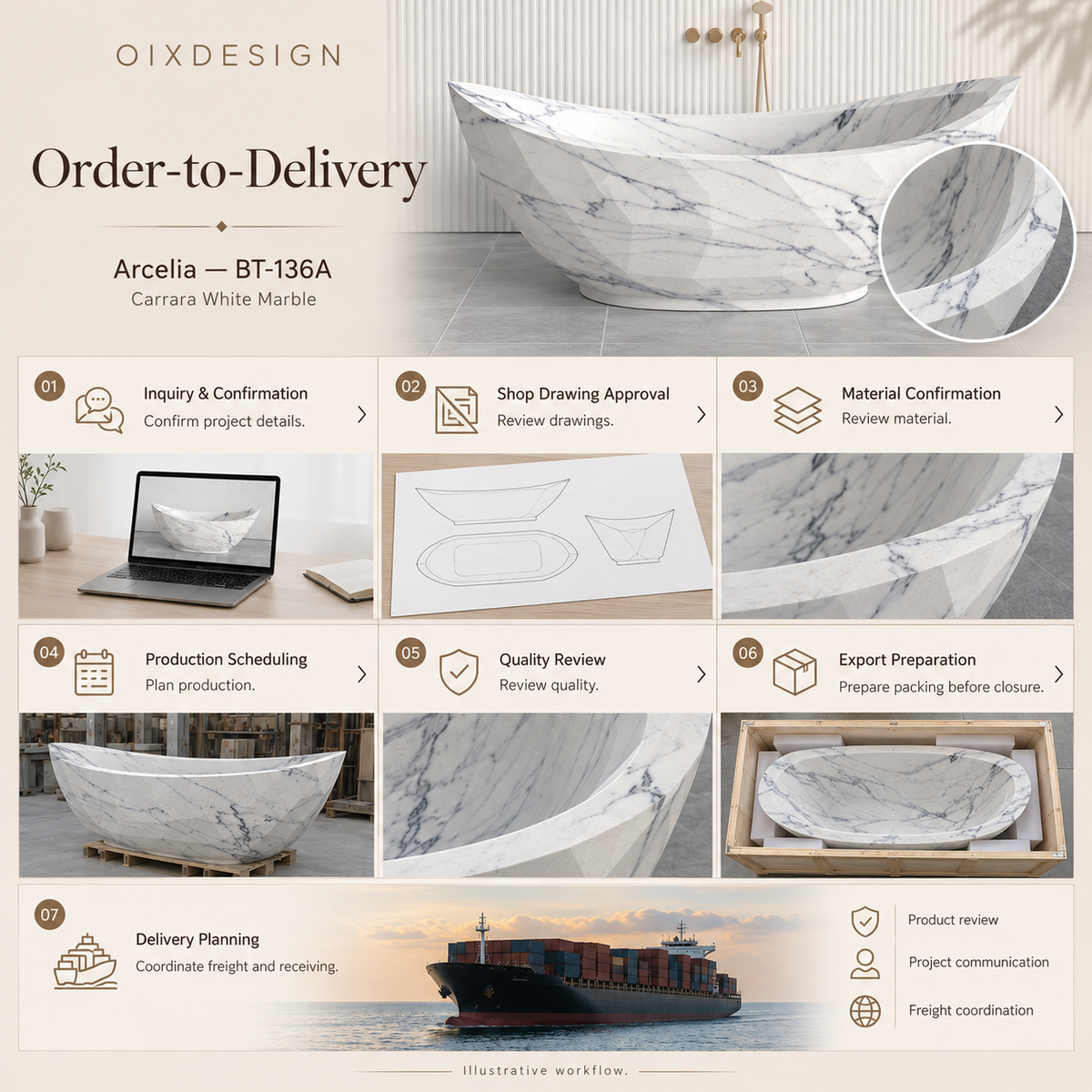 Arcelia BT-136A Carrara White Marble bathtub — order-to-delivery; illustrative workflow.