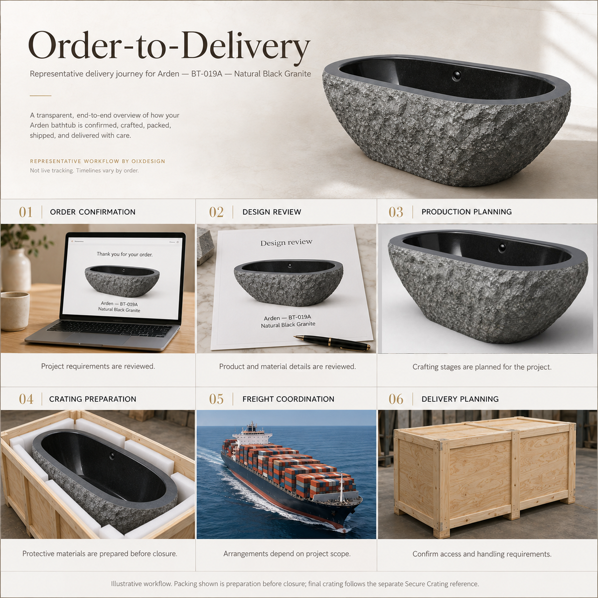 Arden BT-019A Natural Black Granite — Order-to-Delivery illustrative workflow — OIXDESIGN