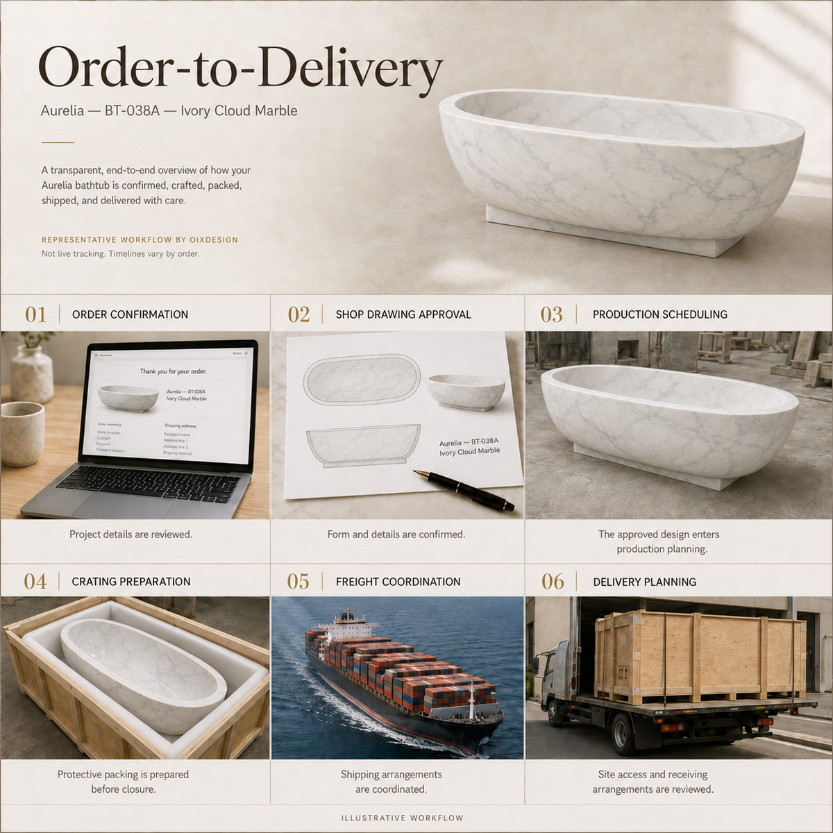 Aurelia BT-038A Ivory Cloud Marble bathtub — order-to-delivery; illustrative workflow.