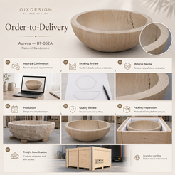 OIXDESIGN Aureva BT-052A Natural Sandstone bathtub — order-to-delivery illustrative workflow; packing preparation before closure, closed crate for shipment.