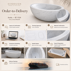 Avela BT-112A Ivory Cloud Marble bathtub — order-to-delivery; illustrative workflow.