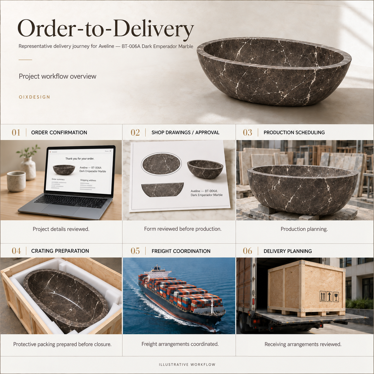 Aveline BT-006A Dark Emperador Marble bathtub — order-to-delivery; illustrative workflow.