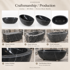 Aveline BT-006A Portoro Black Marble bathtub — craftsmanship and production; process illustration.