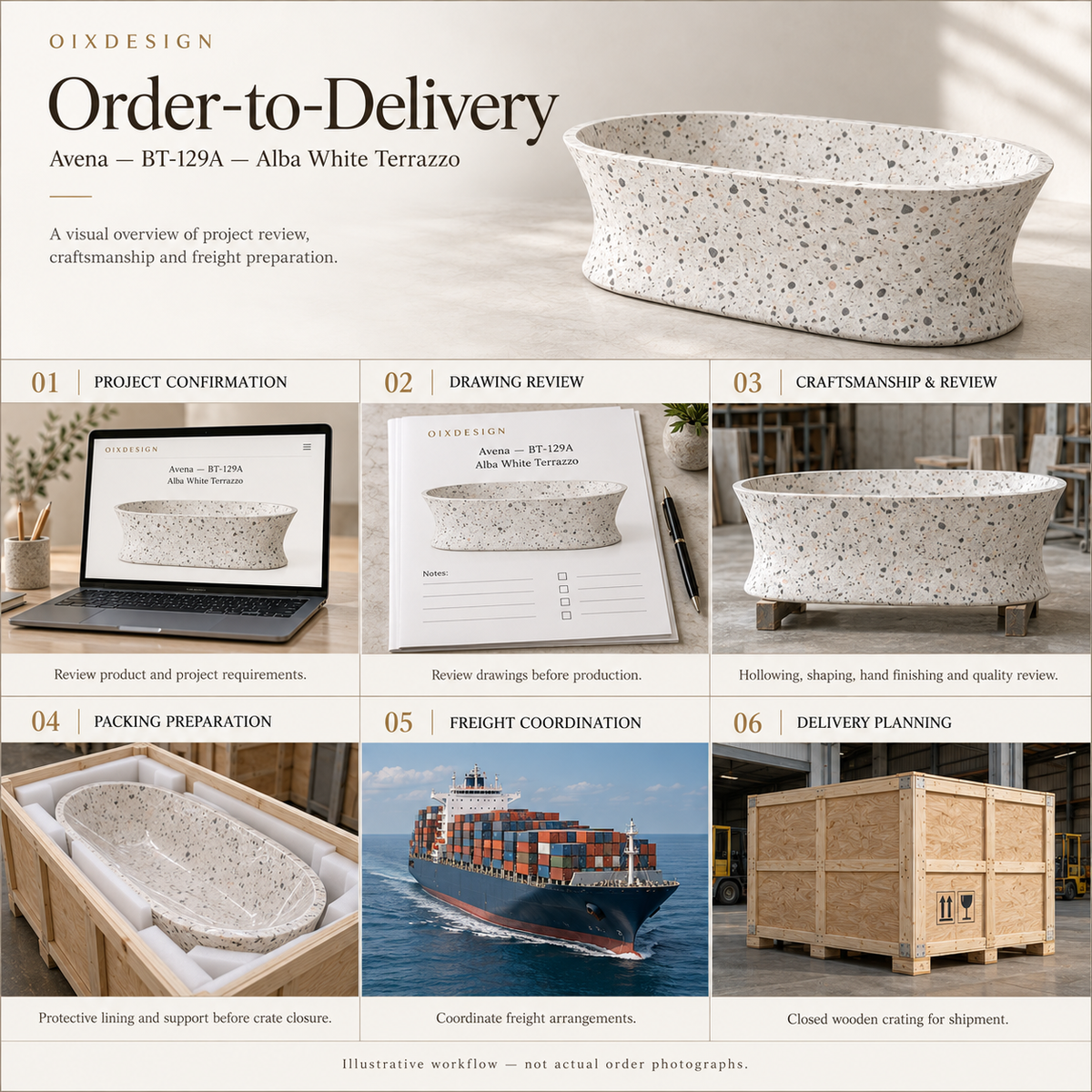 OIXDESIGN Avena BT-129A Alba White Terrazzo bathtub — order-to-delivery illustrative workflow; packing preparation before closure, closed crate for shipment.