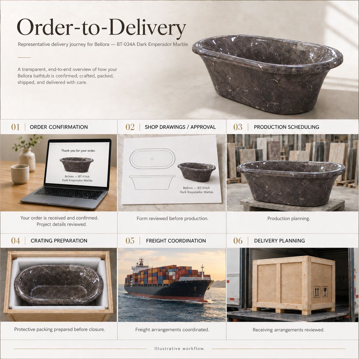 Bellora BT-034A Dark Emperador Marble bathtub — order-to-delivery; illustrative workflow.