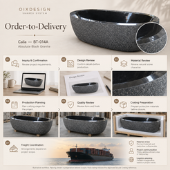 Calia BT-014A Absolute Black Granite bathtub — order-to-delivery illustrative workflow; crating preparation before closure.