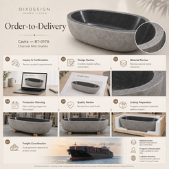 Cavira BT-017A Charcoal Mist Granite bathtub — order-to-delivery illustrative workflow; crating preparation before closure.