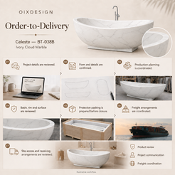Celeste BT-038B Ivory Cloud Marble bathtub — order-to-delivery; illustrative workflow.