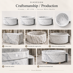 Cirenne BT-139A Carrara White Marble bathtub — craftsmanship and production; process illustration.