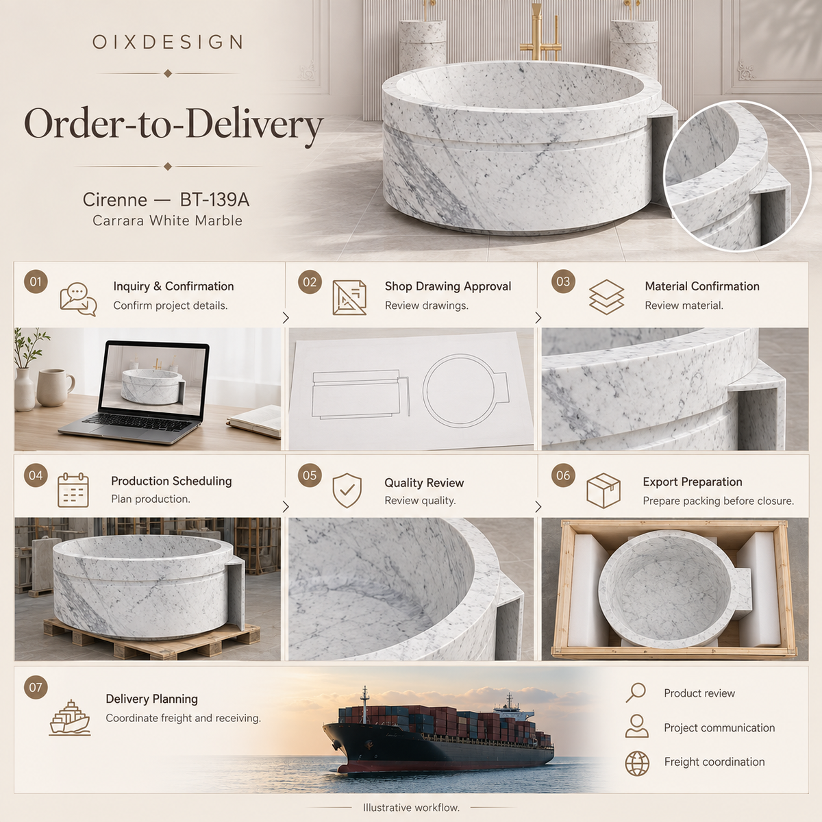 Cirenne BT-139A Carrara White Marble bathtub — order-to-delivery; illustrative workflow.