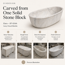 Elara BT-024A Ivory Cloud Marble bathtub — craftsmanship and production; process illustration.