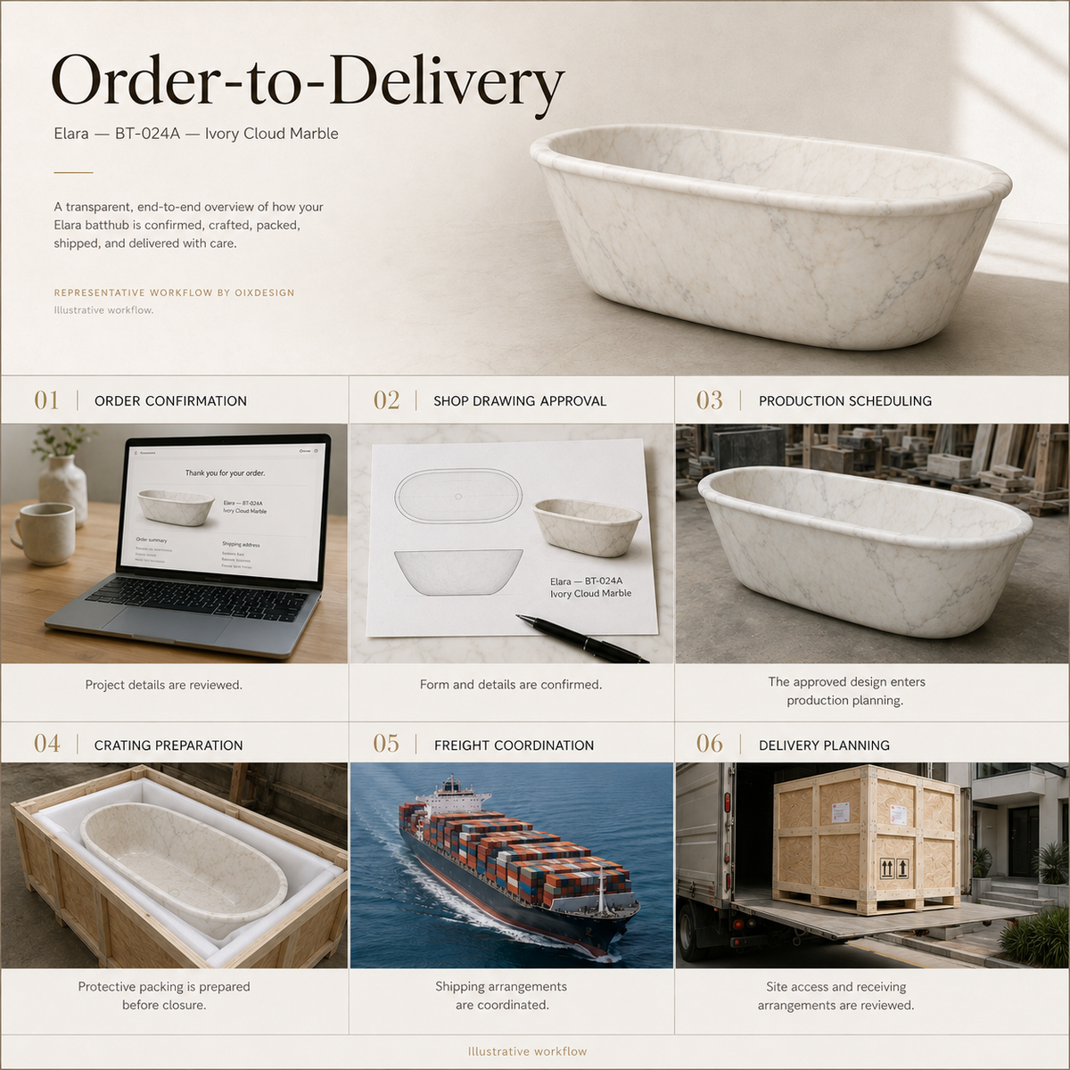 Elara BT-024A Ivory Cloud Marble bathtub — order-to-delivery; illustrative workflow.