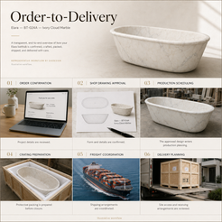 Elara BT-024A Ivory Cloud Marble bathtub — order-to-delivery; illustrative workflow.